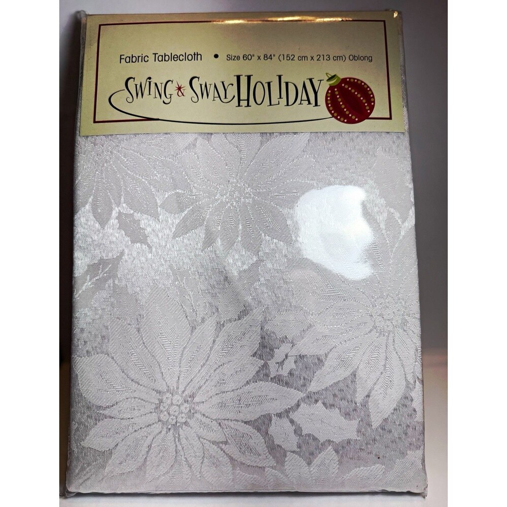 Swing & Sway Holiday Oblong Tablecloth 60x84 White Floral Poly/Cotton Rayon
